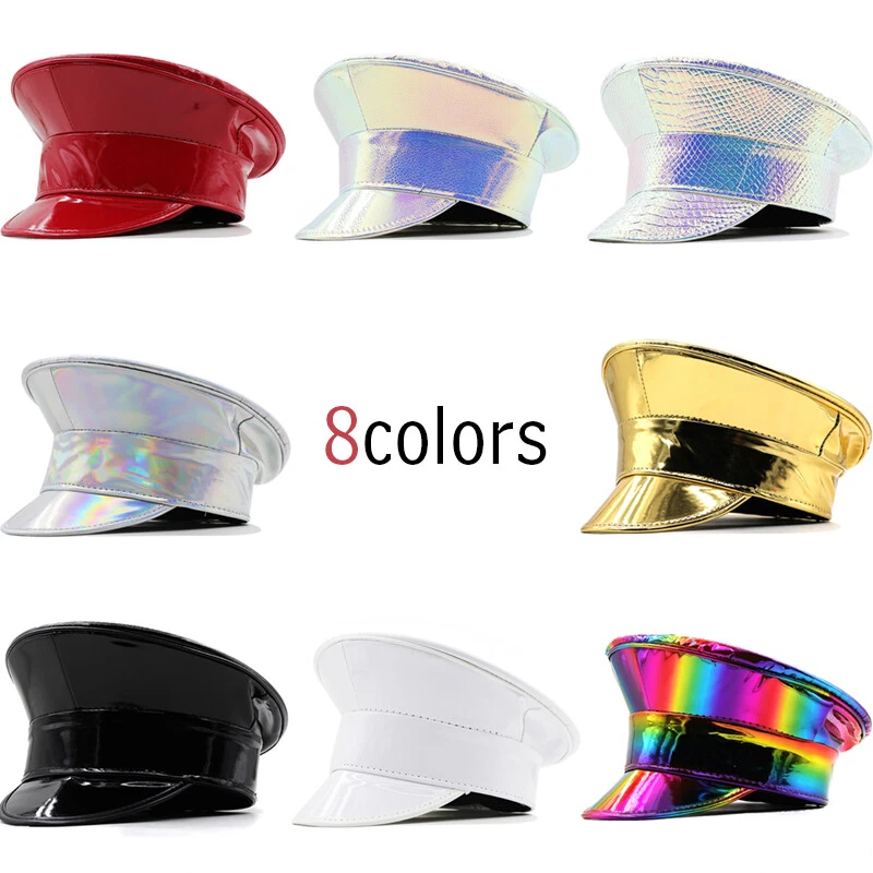 Unisex Rainbow PU Leather Hat Army Hat Cortical Police Cap Cosplay Halloween NEW - Image 3 of 4