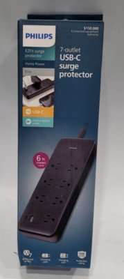 1x Philips 6-ft 7-Outlet Surge Protector, 1 USB-a, 1 USB-C, 15W, 1500J