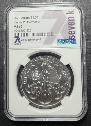 2020 Austria Vienna Philharmonic NGC MS69 1 oz .999 Silver Seven K 1.5 Euro