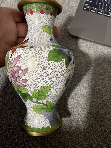 Jingfa chinesische weiße Emaille Blumen Schmetterling Messing Vase 7" RAR - Bild 8 von 9