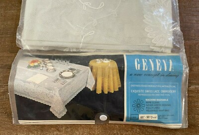 60 x 90'' Vinyl Swiss Lace Embroidery style Vintage Geneva Tablecloth oval ivory