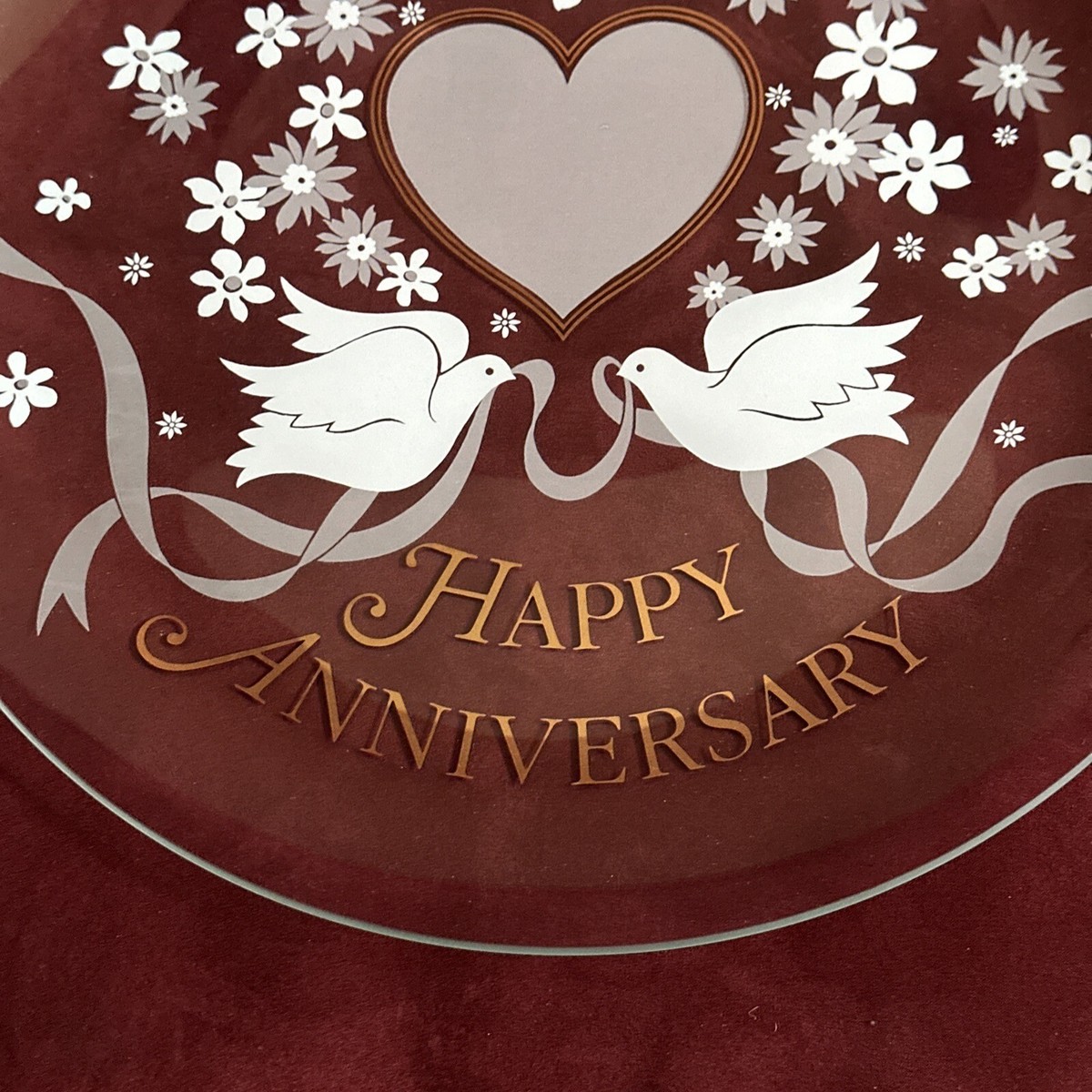 Happy Anniversary Clear 13” glass plate w/gold Lettering, Doves