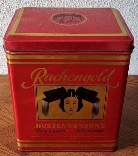 Bella vecchia scatola di latta ""Aesha oro faringeo"" - oro / rosso - Art Déco del 1950 - rara - Foto 1 di 3