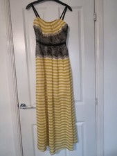MY MOMENT MUSTARD YELLOW WHITE STRIPE SHEER BLACK TRIM LONG STRAPPY MAXI DRESS S