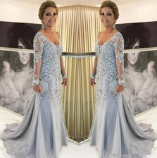 Elegant Lace Mother Of The Bride Dresses V Neck Long Sleeves Tulle Appliques