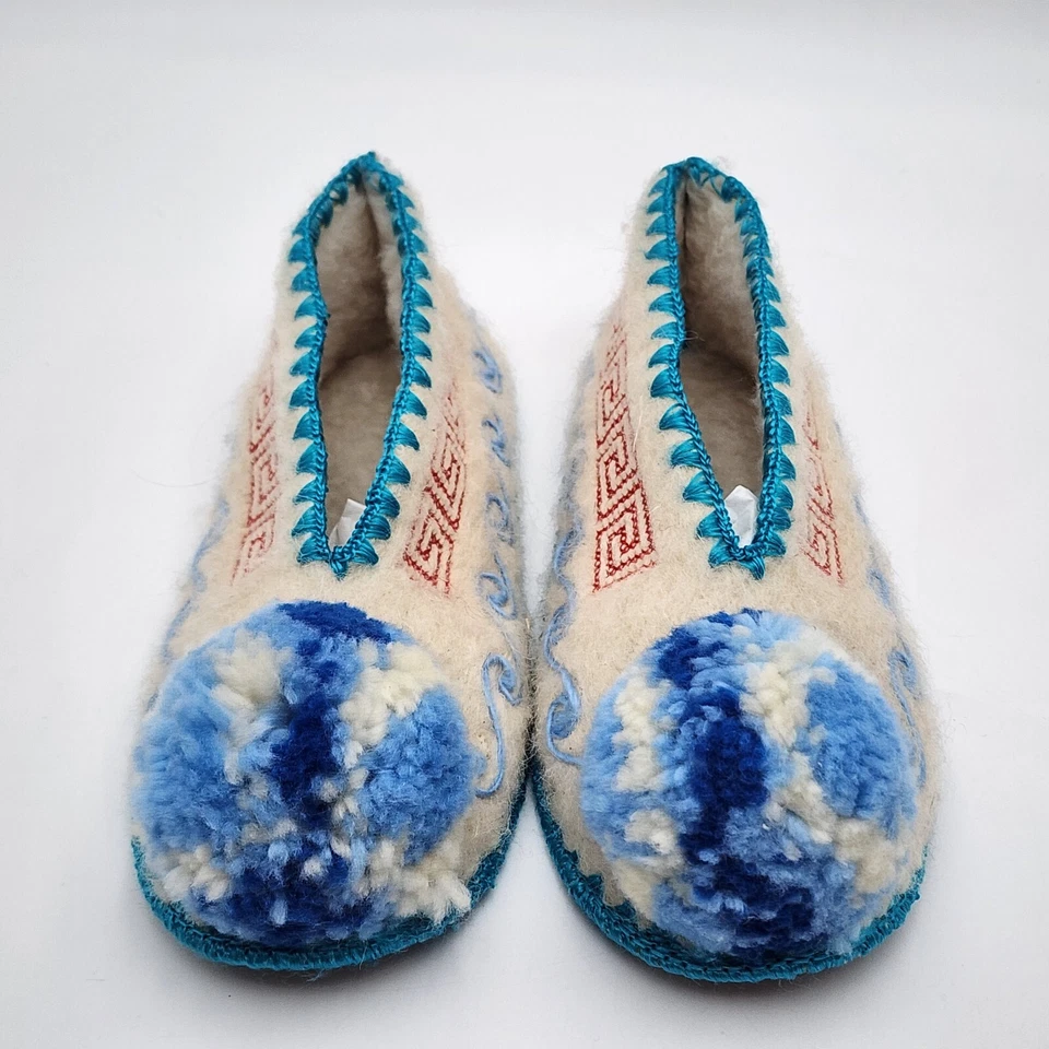 Zapatillas de lana griega para niños Minas suela de cuero 9,5" de largo EE. UU. 3,5 UK 3 Foto 3 de 4