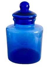 Mid Century Apothecary Jar Canister with Lid Blue Bubble Glass Hand Blown 10"