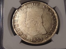 1821 colombia 8 reales NGC fine details low mintage original world crown coin
