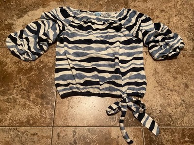 CECE OFF THE SHOULDER LANTERN TOP BLUE AND WHITE STRIPED ( SIZE M )