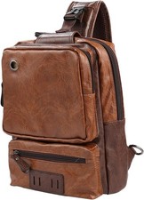 Men's Sling Bag, Crossbody PU Leather Shoulder Backpack with USB Charging Port,