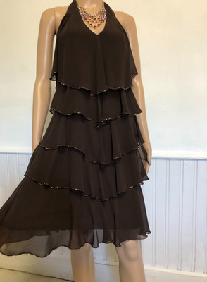Royal by Mary Bays Halter Dress Sz 10 Brown Tiered Chiffon Bead Accents EUC