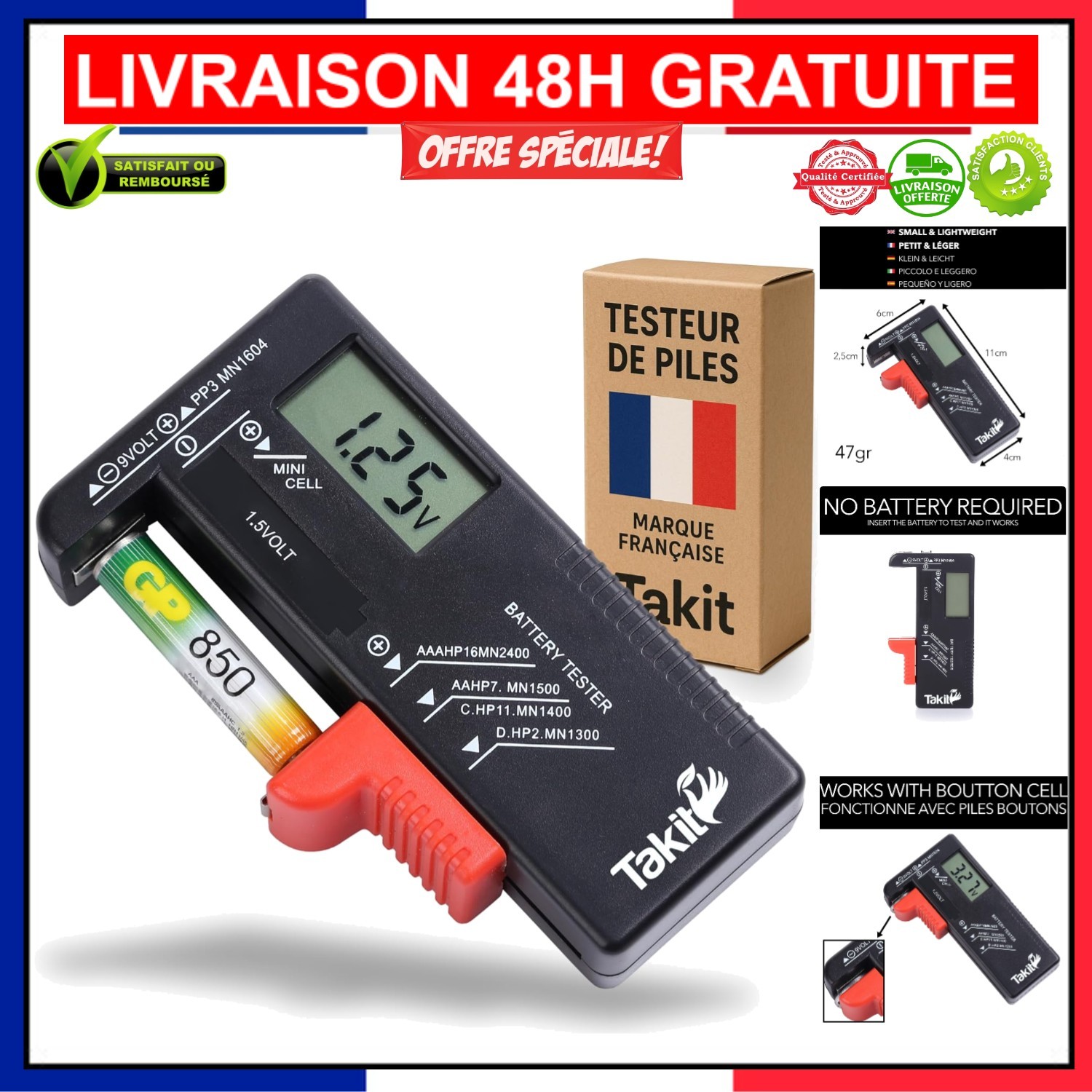 Testeur de piles numérique sans pile Takit affichage LCD précis