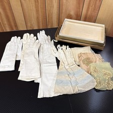 Vintage Lot Of 7 Formal White Ladies Gloves Leather  Fabric  Handkerchiefs
