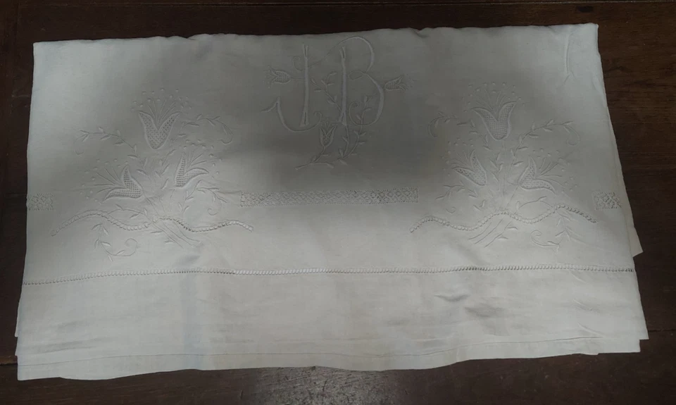 Drap ancien métis lin coton 220 X 290 cm monogramme JB - Photo 2/4