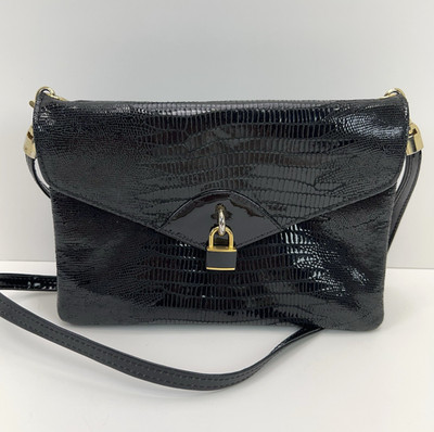 Vtg DUE FRATELLI Leather Purse Black Croc Embossed Crossbody Clutch Bag Classic