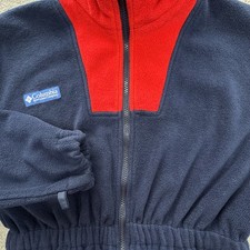 VTG Columbia Jacket Boys 10-12 Blue Fleece Hooded Zip Pockets Logo Red Contrast