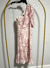 New Express Ivory/Pink Floral One Shoulder Ruffle Zip Fit & Flare Midi Dress XS