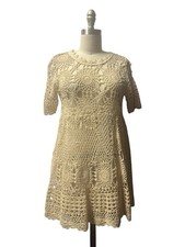 Vintage Y2K Ivory Crochet Knit Coquette Babydoll Mini Dress Size M USA Made