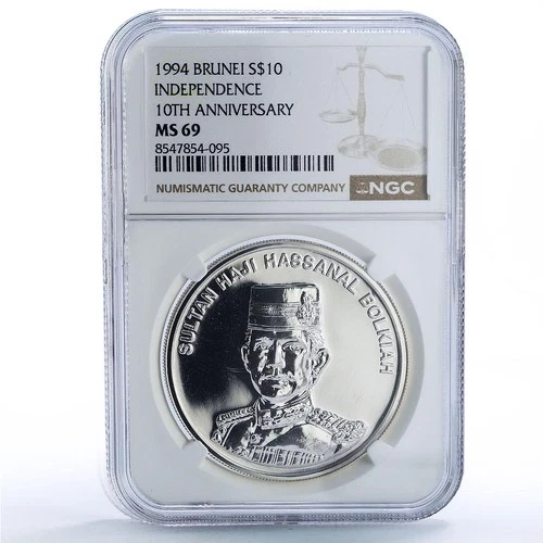 Brunei 10 dollars Independence Sultan Bolkiah History MS 69 NGC CuNi coin 1994