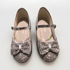 Girls Dress Mary Jane Shoes Silver Glitter Bow Strap Block Low Heel Size 1