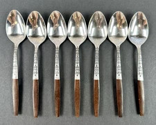 Interpur Wood Handle Vtg Flatware Japan MCM Stainless Steel Teak Wood 7 Teasoons