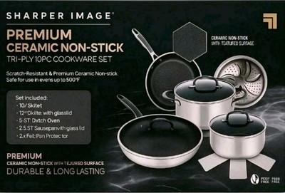 Sharper Image Premium Cookware Set 10pc Ceramic Non-stick Tri-ply Stainless, NEW
