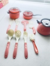 Vintage Child s Plastic Kitchen Utensils, Pots, Pans And Teapot 13 Pieces Pink