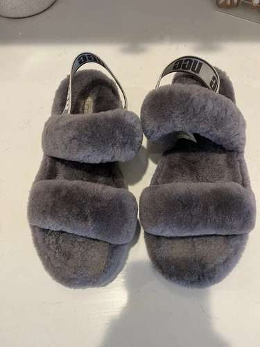 UGG CHARCOAL FLUFF YEAH SLIDE PELLE DI PECORA SLINGBACK SCARPE PANTOFOLE TAGLIA 8 DONNA