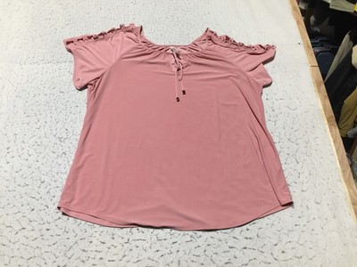 Per Seption Blouse Plus Size 2X Shiny Pink Lattice Cold Shoulder Short Sleeve