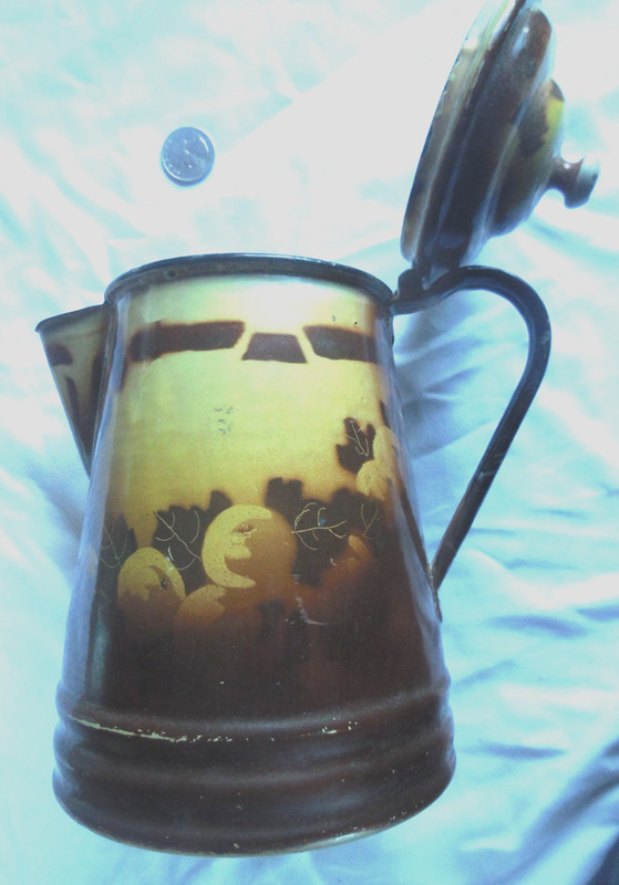 Brown & cream graniteware tea/coffee pot marked "CORONA ENAMEL WARE ENTERPRISE"