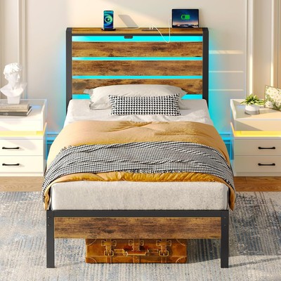 Rolanstar Bed Frame Twin Size with USB Charging Station, Twin, Rustic Brown 