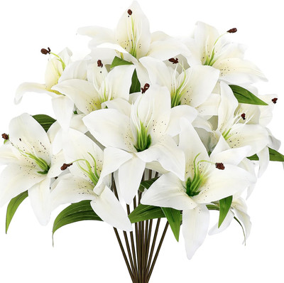 12 Pcs Artificial Tiger Lily Flowers Real Touch Easter White Latex Fake Lily Bou