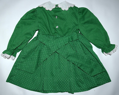 POLLY FLINDERS Vintage Green Micro Dot Long Sleeve Smocked Dress