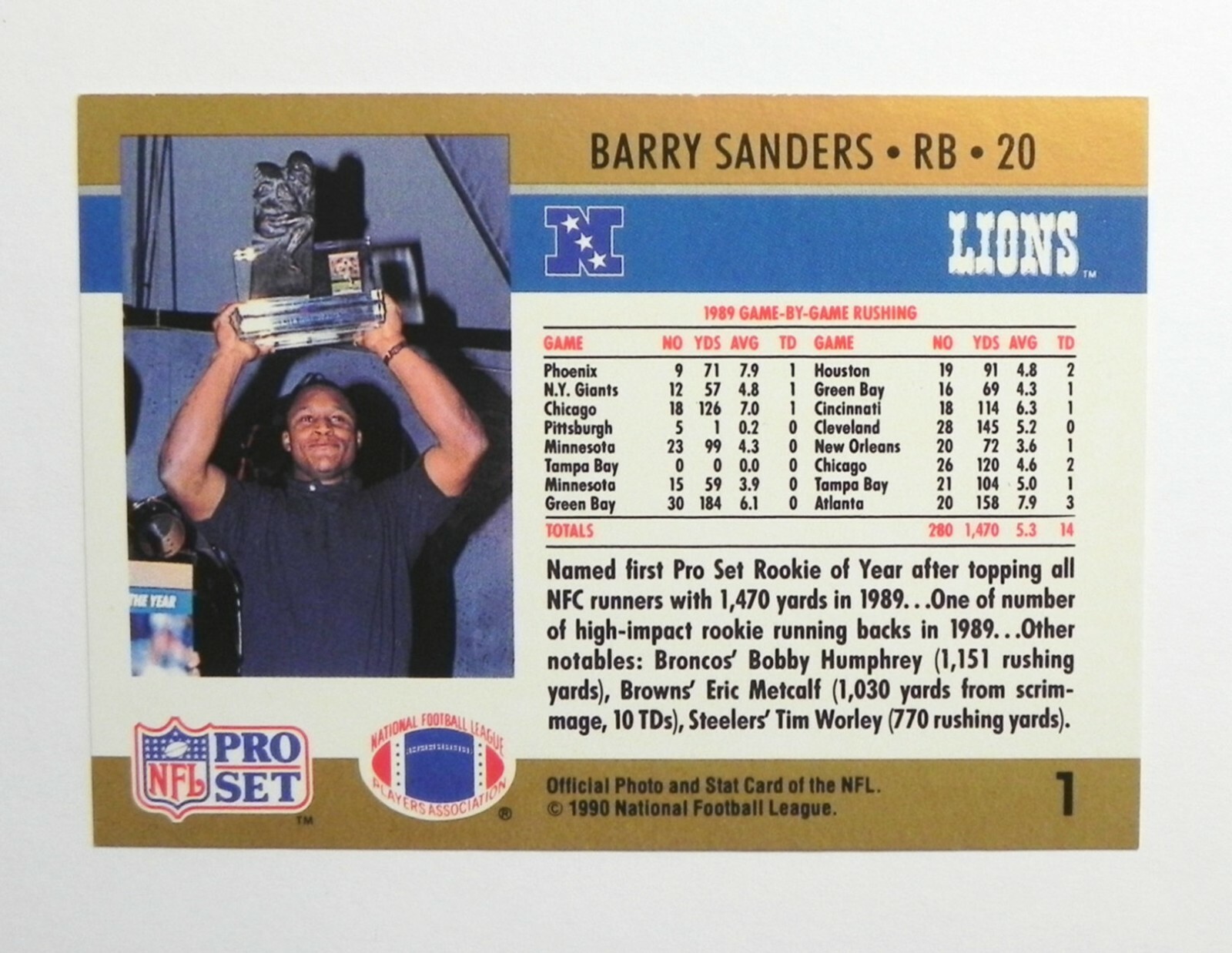 BARRY SANDERS 1990 PRO SET Rookie of The Year Card 1 Exact Card (B