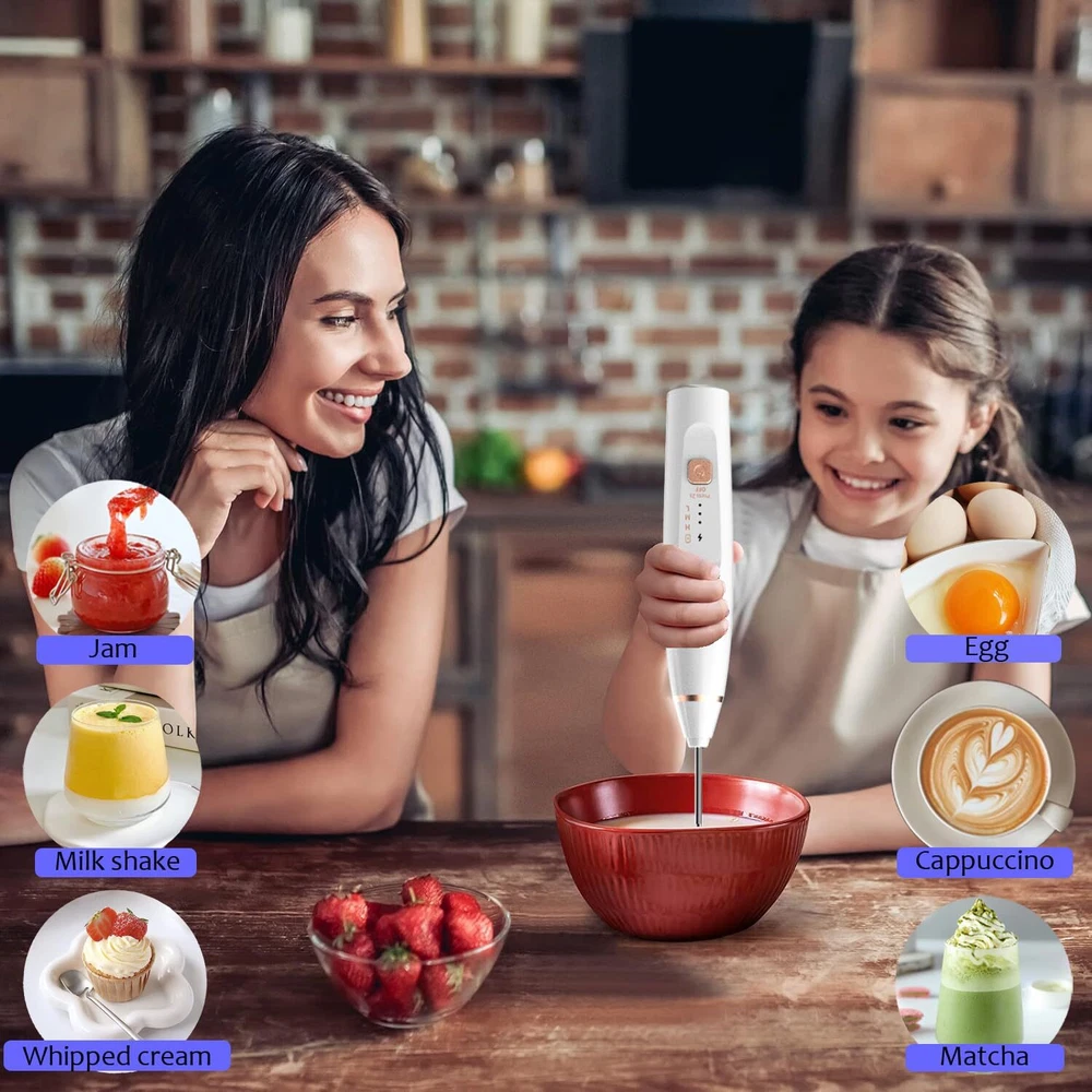 Milk Frother Handheld Foam Maker with 2 Stainless Stirring Head 3 Speed Recha...