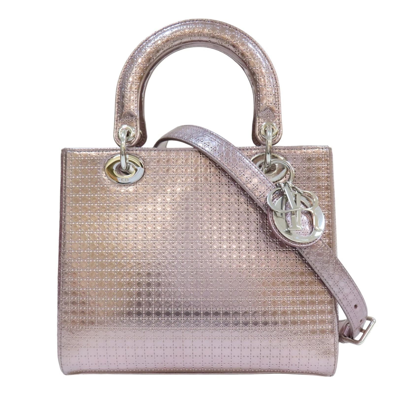 Sac à main bandoulière Dior Micro Cannage Medium Lady Dior rose cuir métallisé
