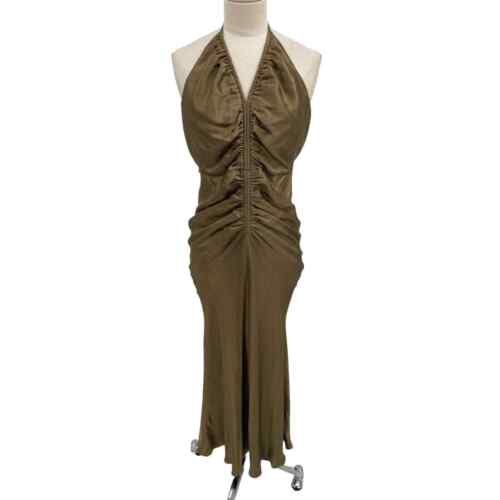 Shona Joy Gala Dress Ruched Halter Midi Warm Olive Size 2 - Picture 1 of 10