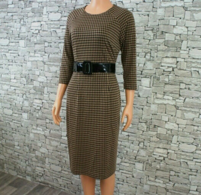 DAVID MEISTER DAMEN FEST PARTY ABEND KLEID HAHNENTRITT CAMEL SCHWARZ GÜRTEL  38 