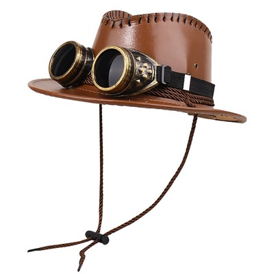 Adult Men Women Punk Goggles Party Western Hats 2Pcs Wide Brim Caps Retro Trip