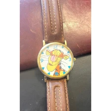 VTG Gold Tone Timex Pooh 34mm Disney Tigger Watch, WR, Leather Band