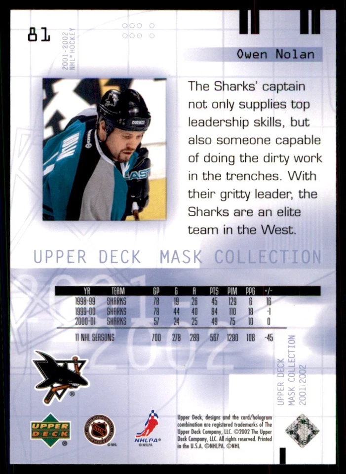 2001-02 Upper Deck Mask Collection Owen Nolan San Jose Sharks #81 - Image 2 of 2