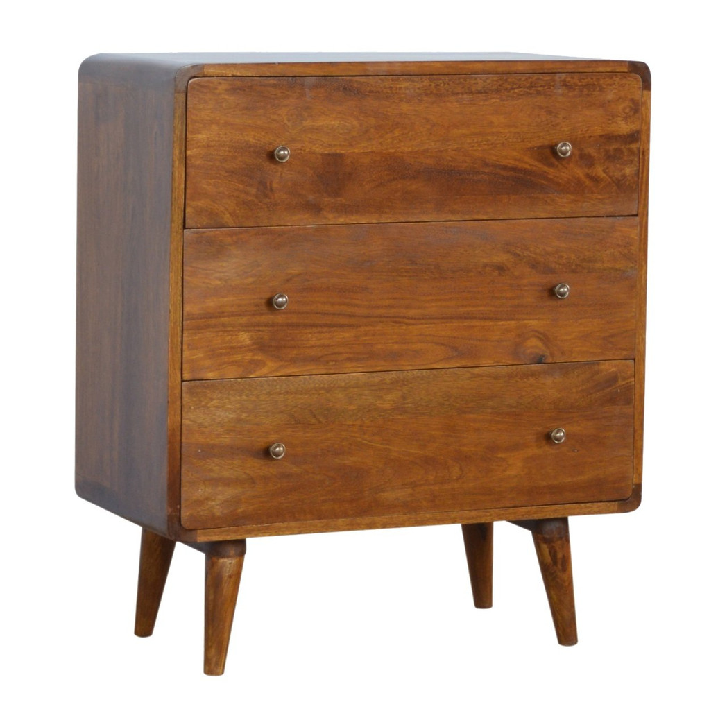 Solid Wood Curved Chestnut Chest 3 Drawers Dark Brown
