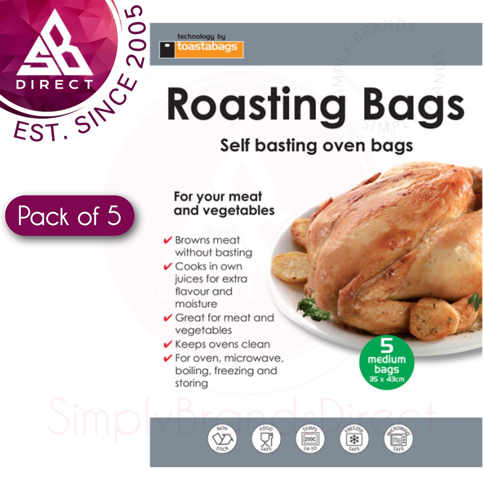 Toastabags Self Basting Oven Roasting Bags Medium 35x43cm Pack of 5 For Meat
