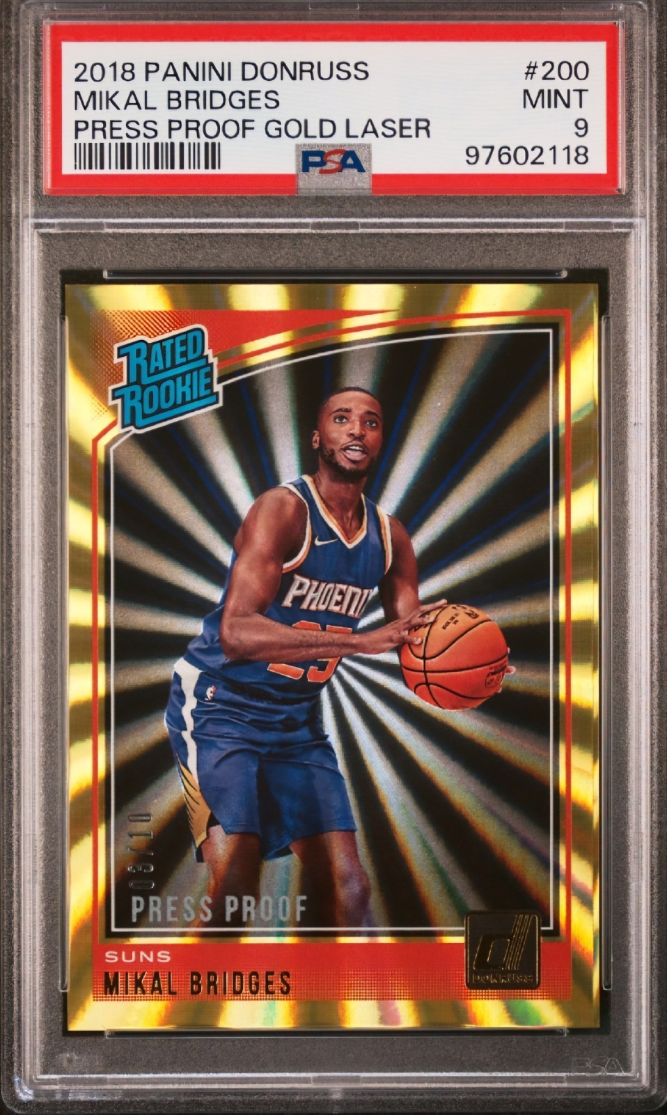 2018-19 Donruss Press Proof Gold Laser /10 Mikal Bridges Rated Rookie PSA 9