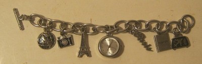 Vtg Travel Themed CHARM BRACELET w Watch PARIS Eifel Tower+ 5 Others NEW BATTERY