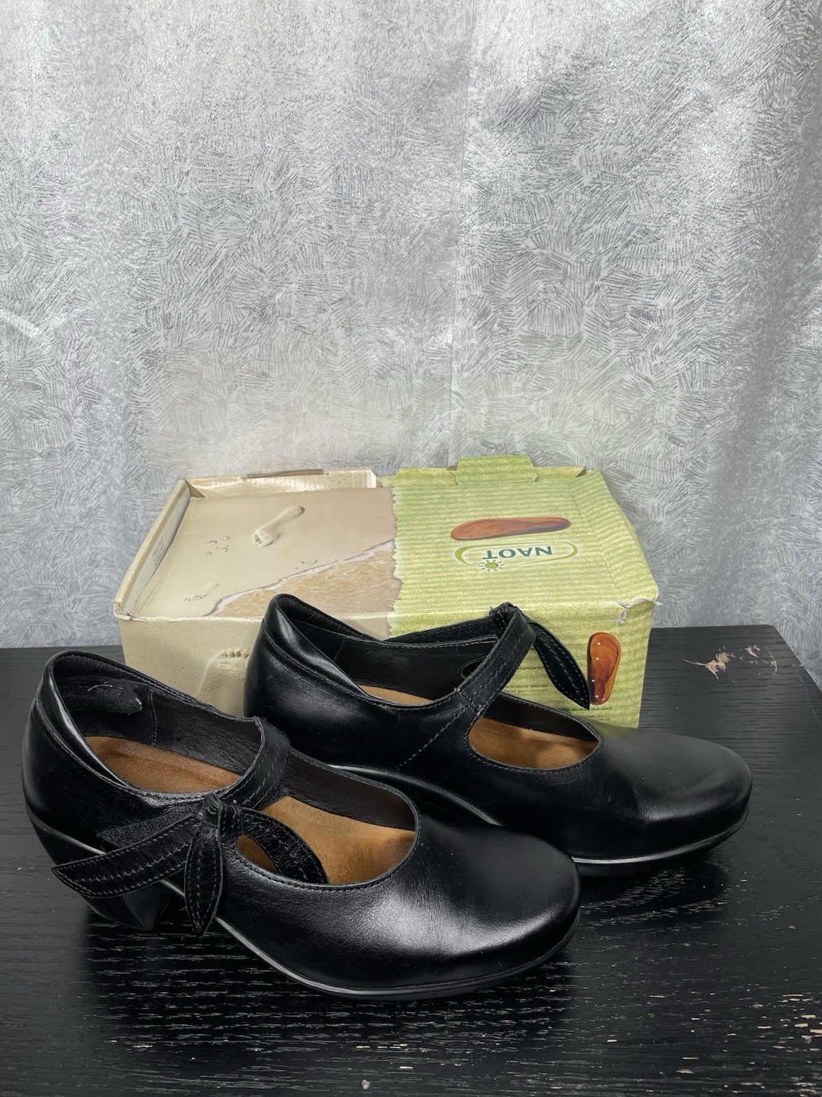NAOT Pleasure Black Madras Leather Heeled Work Comfort Shoes 40 | 9.5