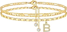 Ankle Bracelets for Women, 14K-Gold-Plated Dainty Layered Chain CZ Initial Ankle