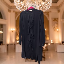 Tory Burch Women’s NAVY BLUE Solid Round Neck Long Sleeve Ruffle Button dress.
