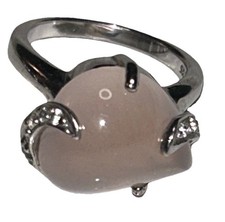 925 Sterling Silver Genuine Rose Quartz Cabochon Ring, CZ Accents Size 7 Modern