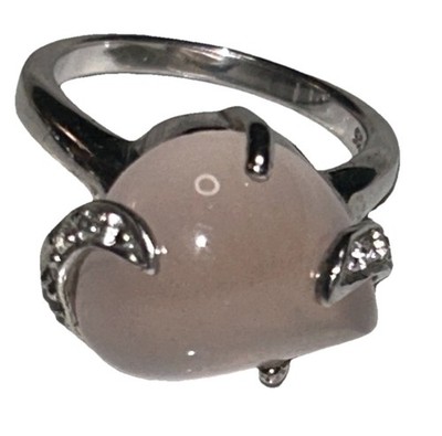 925 Sterling Silber echter Rosenquarz Cabochon Ring, CZ Akzente Gr. 7 modern